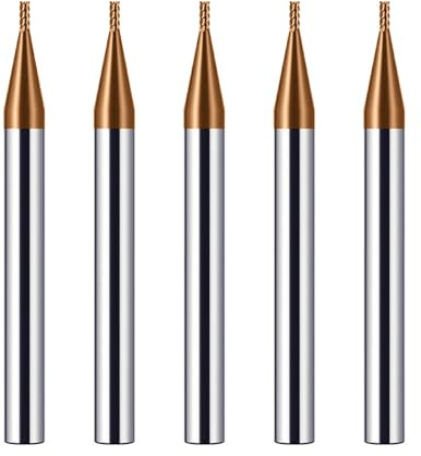 CREEYA 5PCS Hartmetall Schaftfräser 1mm, 4 Zähne/4 Schneiden CNC Fräser, HRC 55, TiSiN Golden Beschichtung, VHM Fräser CNC 8mm Für Stahl Metall Holz Acryl Kunststoff(1mm)