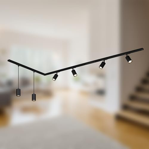 BRILONER - Set completo di binari, 4x punti GU10 orientabili, 2x GU10 a sospensione, forma a L, sistema di binari a soffitto, binario per faretti, lampada a soffitto, plafoniera, faretto, 2,25 m, nero