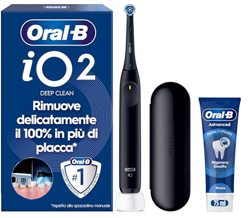 Oral-B iO 2 Spazzolino Elettrico Nero, 1 Testina Di Ricambio per Spazzolino Elettrico, Caricatore, Custodia Da Viaggio + 1 Dentifricio Oral B Advanced Rigenera Smalto, Pulizia Denti Efficace