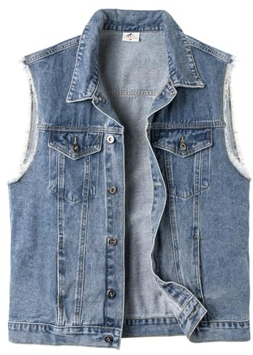 Yukirtiq jeansväst för herr motorcykel jeansväst rocker jeans rutig biker ärmlös jeansjacka, blå, XL