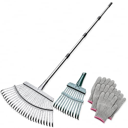 Räfsa trädgård, 25 + 11 pinnar lövbrott med handtag metall, 4-delat justerbart handtag (en del: 40–45 cm), tungbelastat löv, trädgårdshorke för löv, gräsmatta, jord, inkl. 4 handskar