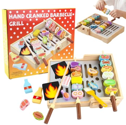 Barns grill-set i trä Realistisk Interaktiv Underhållande Lekuppsättning i | Låtsasgrillmat För pojkar, flickor, familj, son, dotter, till födelsedagen, i parken, i bakgården, i