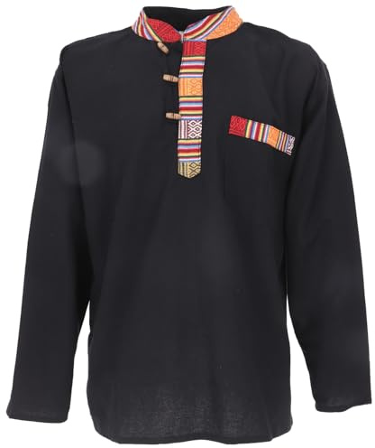 GURU-SHOP, Nepal Camisa de Pescador étnico, Camisa Goa, Negro, Algodón, Tamaño:L, Camisas de Hombre