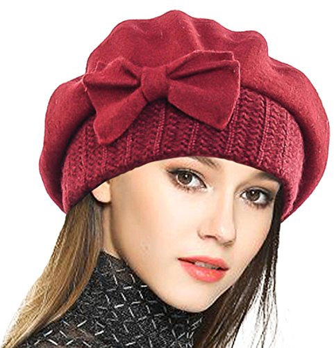 VECRY Frauen Barette 100% Wolle Baskenmütze Kleid Mütze Wintermütze (Rotwein)