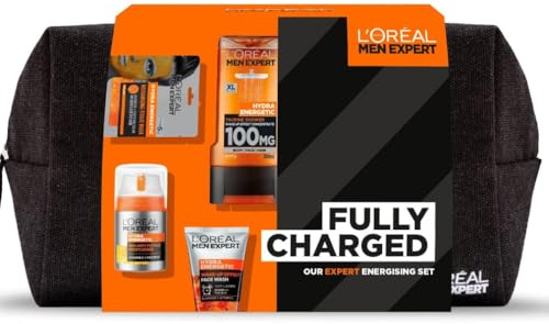L'Oreal Men Expert Gift Set for Men, Hydra Energetic Fully Charged Washbag: Shower Gel, Moisturiser for Men, Sheet Face Mask and Face Wash