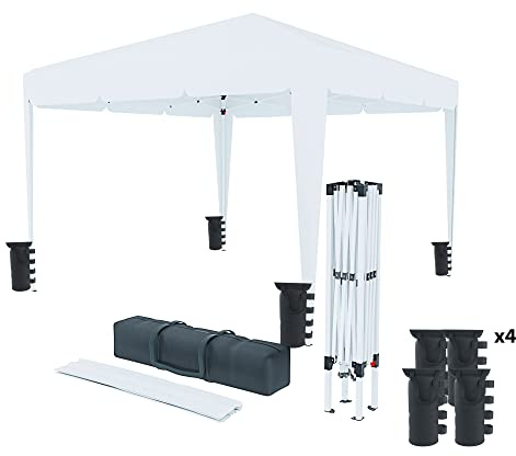 Gazebo Pieghevole Idrorepellente 3 x 3 M Da Giardino Con 4 Sacche Per Pesi E Sacca Trasporto Chiusura A Fisarmonica Per Fiere Campeggio Esterno Piscina Struttura Acciaio Copertura 160 gr/m² (Bianco)