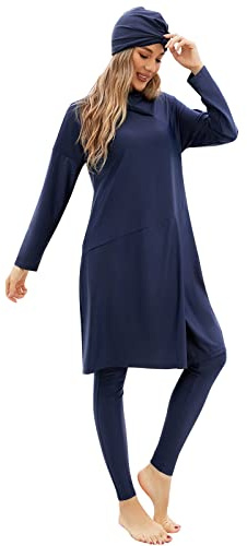 Odizli Burkini Swimwear for Ladies UK Muslim Swimming Costume Women Islamic Long Sleeve Long Tops + Swim Leggings Pants + Hijab 3Pcs Full Body Modest Swimsuit UV Protection Bathing Suit Navy Blue XL