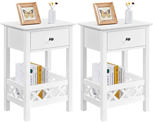 Yaheetech 2pcs Mesitas de Noche con Cajón y Cesta Inferior 40×30×60cm Mesillas de Noche de Nórdico Mesas Auxiliar Madera Lacada para Cama Dormitorio Blanca