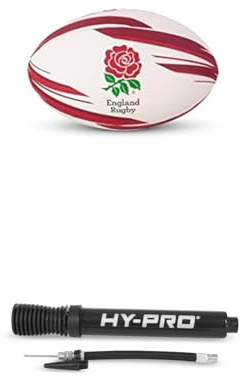 England Rugby Official England RFU Size 5 Rugby Ball,White/Red + Hy-Pro Fast Dual Action Portable Pump