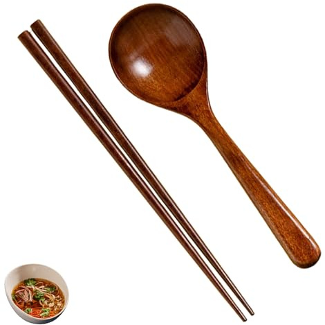 2 stycken ätpinnar och skedset – av trä, asiatisk soppsked, japansk ramensked, återanvändbara ätpinnar trä, serveringssked, matsked, träporslin, kök (20 cm)