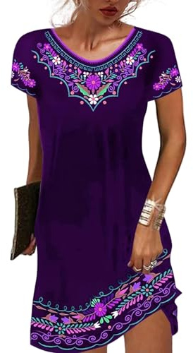M-3XL Vintage Elegante Vestido étnico para Mujer Verano Suelto Bohemio Vestido por Debajo de la Rodilla para Playa Casual Ropa Femenina Falda Tipo Jersey