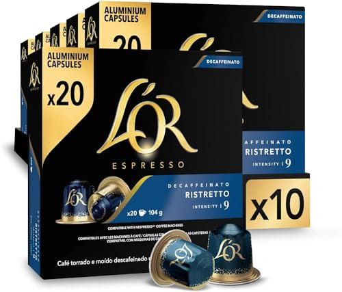L'OR Espresso Ristretto Decaf Coffee Pods x 20 Intensity 9 (Pack of 10, Total 200 Capsules)
