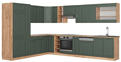 Vicco Eckküche Fame-Line, Grün-Gold Landhaus/Goldkraft Eiche, 257 x 60 cm, AP Eiche