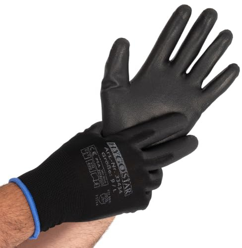 FRANZ MENSCH 24 Stück Hygostar Feinstrickhandschuhe Black Ace Touch | PU-Beschichtung, Packung, schwarz, 7/S, L: 23cm, Feinstrickhandschuhe,Montagehandschuhe, Schutzhandschuhe