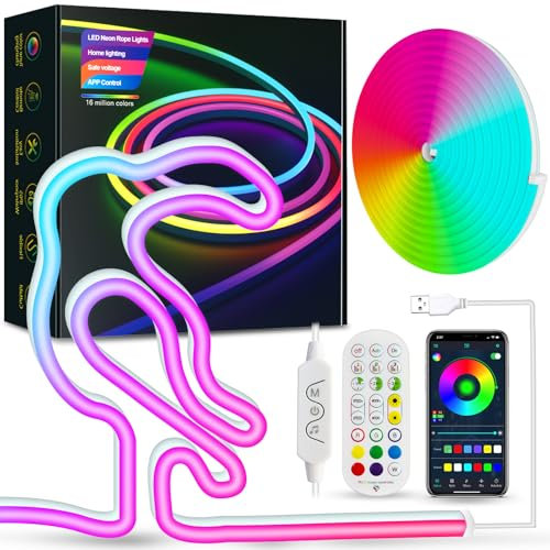 Daymeet Neon Rope Lights, 3M RGBICW LED Strip Lights, Custom DIY Neon Strip Lights Bedroom and Wall IP67 Waterproof, USB Music Sync Color Changing Bluetooth APP Control Led Lighting