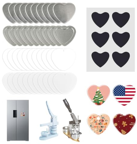 Happizza 100 Sets Heart-Shaped Fridge Magnet Maker Supplies for Heart Button Maker Machine 54mm/2.13in, Includes Metal Cover, Metal Back Cover, Soft Magnet, Clear Film&Blank Paper
