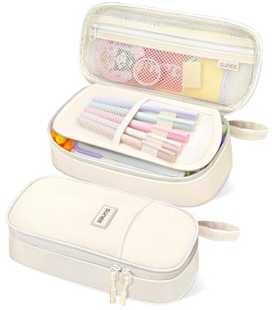 SUNEE Large Capacity Pencil Case with Compartments and Handle, Aesthetic Pen Pouch Organizer, Big Storage Portable Pencil Bag for Girls, Boys, Adults, School and Office Stationery Supplies, Beige