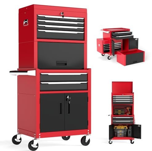 TANGZON Tool Cabinet, 2/3 in 1 Auto-Lockable Rolling Metal Tool Chest with 6 Drawers & Univeral Wheels, Heavy Duty Tool Box Organizer Cart Trolley (3 in 1, Black+Red)