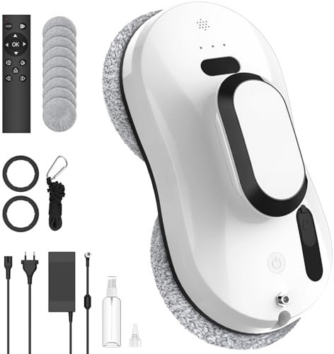 Robot Limpiacristales, 5600Pa Robot Limpieza de Ventanas Electrico Con Sistema de Seguridad, Navegación Inteligente, Control Remoto, Detección de Bordes, para Las Superficies Lisas, con 10 Trapo (B)