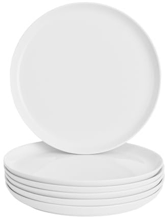 WishDeco White Dinner Plates Set of 6, Porcelain Salad Plates 9 Inch, Modern Kitchen Plate, Round Serving Dishes, Microwave and Dishwasher Safe, Scratch Resistant, Smooth Glaze