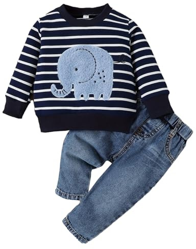 LUVCES Conjunto de Otoño para Bebé Niño Pequeño Manga Larga Bordado de Elefante a Rayas Sudadera Top y Pantalón Vaqueros 2 Piezas Primavera Ropa de Trajes Elefante de rayas azul marino 9-12 Meses