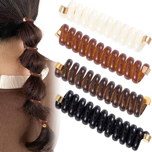 SmallCat 4PCS Spiral Hair Ties, 4 Colors Phone Cord Shape Hair Bands, Elastic Rubber Ponytail Holders for Women, No Crease Hair Accessories for Long Curly Hair - Black, Dark Brown, Light Brown, White