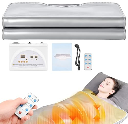 Aomdom Couverture Sauna Infrarouge, 2 Zones Far Infrared Sauna Blanket Professionnel, Portatif Couverture Thermique de Thérapie Infrarouge Lointain Home Spa pour Détox, Fitness, Beauté, Argent