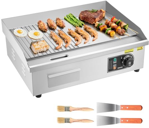 VEVOR Commercial Electric Griddle, 21.06 x 11.81 inch, 1750W, 122-570°F Adjustable Temp Control, Stainless Steel Body, Half Grooved Half Flat, with 2 Spatulas, 2 Brushes, and 4 Foot Pads, for Steak