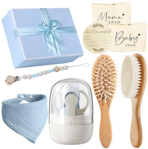 8 in 1 Blau Neugeborenen Geschenk Set - Babygeschenke zur Geburt Junge MäDchen mit Wolle Haarbürste Baby Nagelpflege Set Geburtskarte Segeltuchbeutel Massagekamm Schnullerclip Babylätzchen Geschenkbox