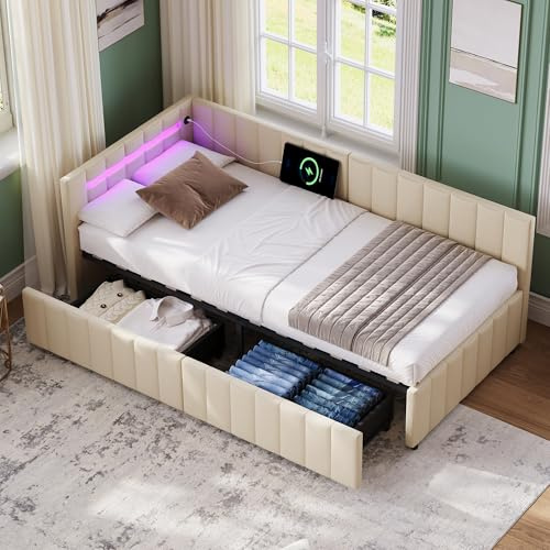 Besbed Single Bed Frame with 2 Drawers, 3ft Upholstered Day Bed with LED Headbord and Charging-Station, Velvet Sofa Bed for Living Room/Bedroom/Study Room, Cream,90x190 cm (No Mattress)