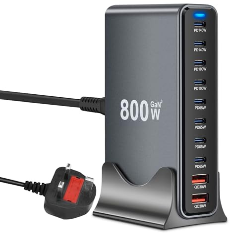 800W USB C Charging Station Hub 10‑Port GaN III Multi Port USB Fast Charger Block (8 USB‑C & 2 USB‑A),Metallic Gray & Black Power Dock Compatible with MacBook, iPhone, iPad, Galaxy S24/S23 etc
