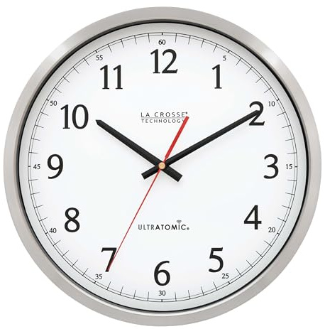 La Crosse Technology 404-1235UA-PL UltrAtomic 14 inch Stainless Steel Wall Clock, Shatterproof Lens, Silver