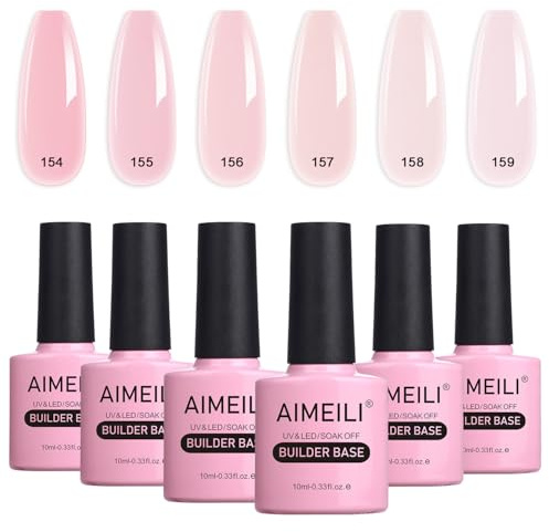 AIMEILI 8 in 1 Builder Base Sheer Color Gel Set, Nude Pink No Need Slip Solution Builder Extension, Soak Off UV LED Gel Polish Multicolour Of 6pcs X 10ml - Gift Kit 37