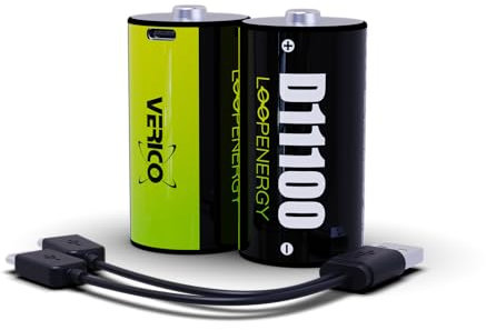 VERICO LoopEnergy Größe D, Mono, CR20-2er Pack, 11100mWh / 7400 mAh, Schnellladung via USB-C Anschluss in ca. 2 Stunden, Li-Ion Akku, inklusive 1 x Ladekabel Typ A auf 2 x Typ C