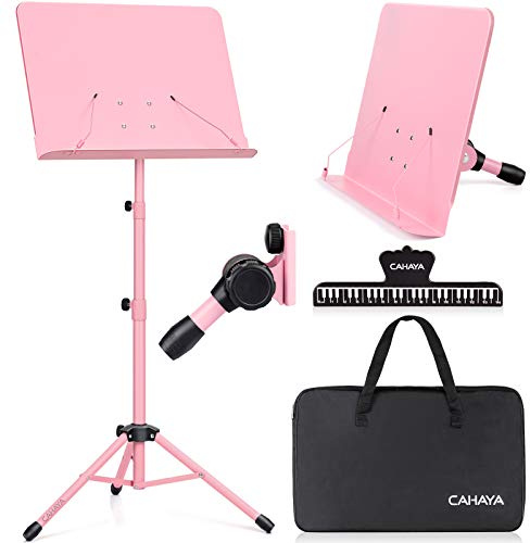 CAHAYA Sheet Music Stand Metal Portable with Carrying Bag, Sheet Music Clip, Projector Stand, Portable Podium Stand, Laptop Stand Pink, CY0194-1