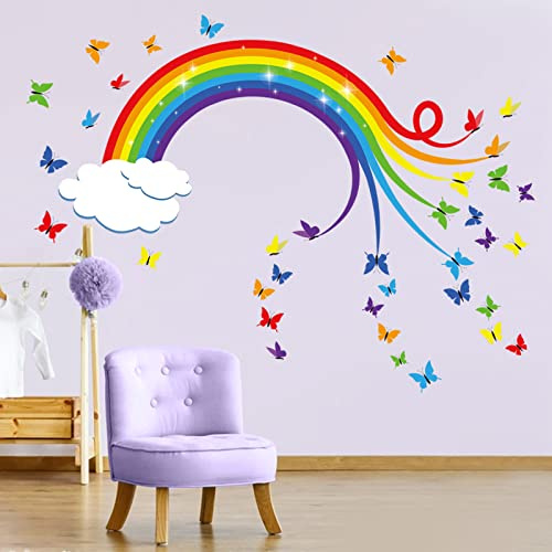 decalmile Wandtattoo Regenbogen Wandsticker Schmetterlinge Wolke Wandaufkleber Schlafzimmer Babyzimmer Kinderzimmer Wanddeko