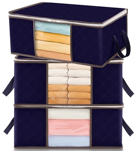 Lifewit 35L Clothes Storage Bag Foldable Storage Boxes with Lids Underbed Wardrobe Storage Organiser with Sturdy Fabric Clear Window for Clothing Bedding Sweaters T-shirts Blankets, 3 Pack, Blue