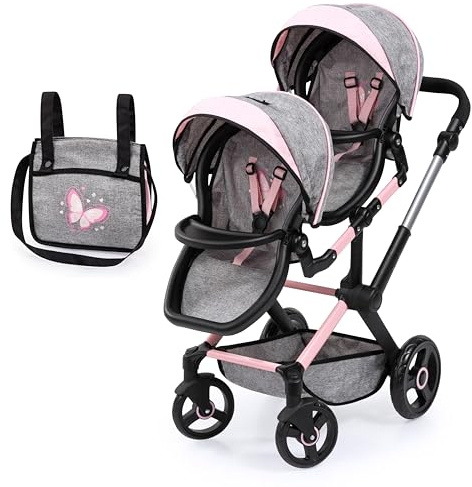 Bayer Twin Doll Stroller, Double Baby Doll Stroller, Butterfly Grey & Pink with Matching Handbag