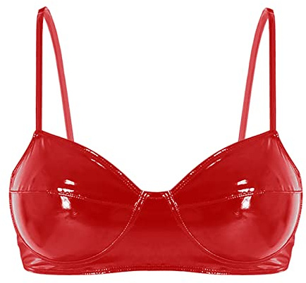 Yeahdor Women's Wet Look PVC Faux Leather Wire-Free No Padded Bra Bralette Tops Rave Dance Clubwear Red M