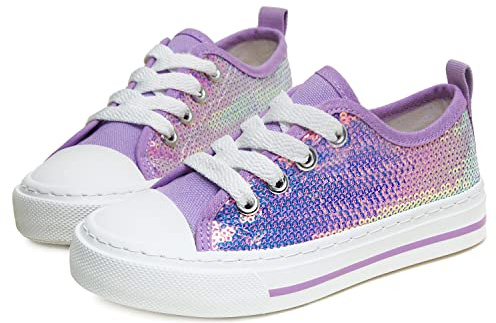 Toandon Girls Kids Sneakers Glitter Sequins Canvas Shoes Toddler Child Glitter Sparkle Low Top Lace Up Non Slip Lightweight Walking Outdoor Purple Size 2
