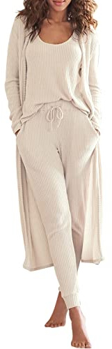 Eurivicy Womens Lounge Set Waffle Knit 3 Piece Pajama Sets Tank Tops Loose Pants with Long Cardigan Loungewear 2025 Beige