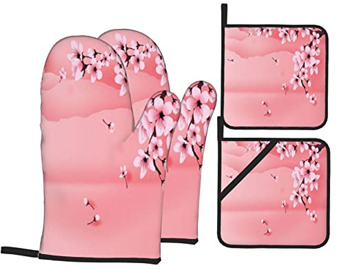 Juego de 4 manoplas de horno y soportes para ollas, árbol de sakura de flor de Japón, almohadillas calientes resistentes con guantes de barbacoa antideslizantes de poliéster para cocina, cocinar, horn