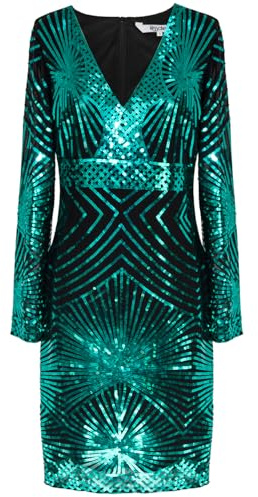 MISSCHEN Vestido de cóctel de noche de manga larga con cuello en V y lentejuelas para mujer, Verde, S