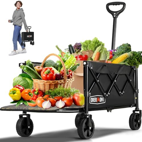 OVERMONT Carro Plegable Plegable – 220 Libras extendido Resistente Plegable utilitario con Ruedas – 100 L Ligero Carrito de jardín para Compras, comestibles, Deportes, jardín, Negro