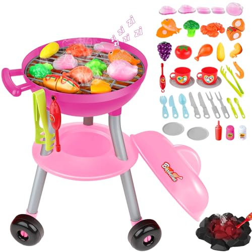 deAO Küchen-Spielzeugsets, Kinder Grill Spielzeug, BBQ Grill Spielzeug Küche Zubehör, Realistisch BBQ Grill Set mit Essensdampfeffekt, Soundeffekte, Farbewechselndes Spielzeugessen ab 3 Jahren
