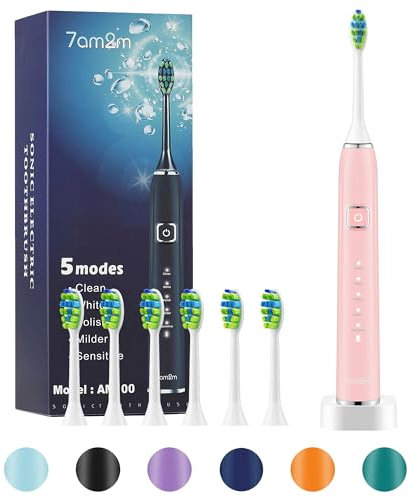 7AM2M Sonic Electric Toothbrush with 6 Brush Heads for Adults and Kids, One Charge for 90 Days, Wireless Fast Charge, 5 Modes with 2 Minutes Built in Smart Timer, Electric Toothbrushes (Pale Pink)