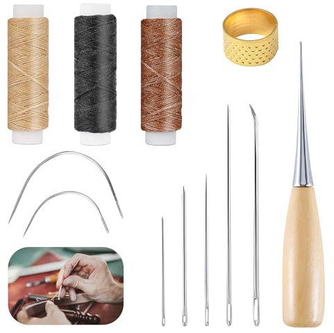 12 Pezzi Ago da Cucito in Pelle, Kit da Cucito con Filo Cerato Cucire Riparare Kit Filo Cerato con Aghi Cucito Ditale Aghi Curvi Punteruolo Cucito Kit Cucito per Principianti Professionisti Fai da Te