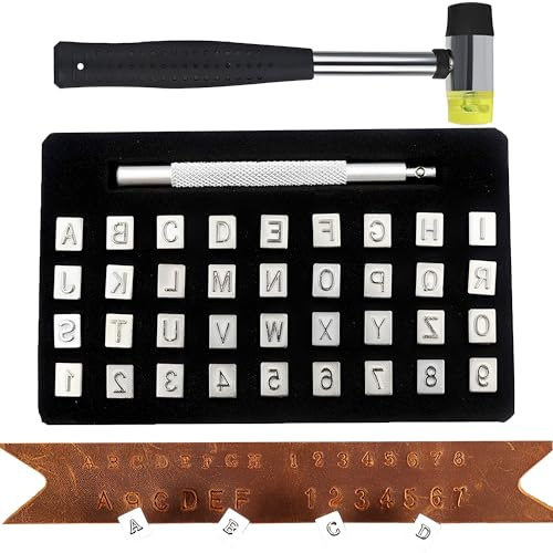 MZSX 36PCS Leather Embossing Stamp Letter Punch Set (with a Hammer), Leather Stamping Tools, Letter Alphabet and Number Metal Stamp Punch Kit, for DIY Handmade Leather Art