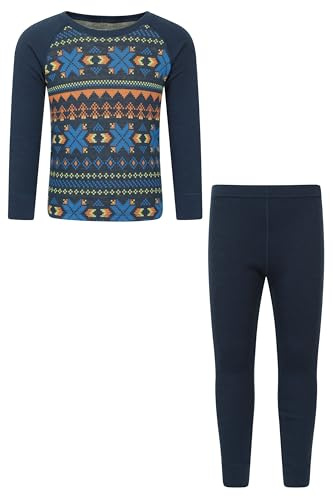 Mountain Warehouse Jacquard Kids Unisex Merino Base Layer Set - Quick Wicking, Quick Drying, Boys & Girls, Baselayer - Best for Camping, Outdoors, Travelling Dark Blue Kids Size 11-12 Years