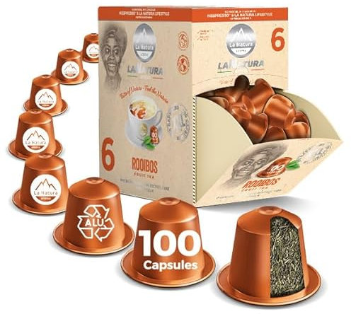 Tè ROOIBOS Premium, 100 capsule compatibili con macchine per capsule Nespresso, un delicato tè alle erbe senza caffeina, by La Natura Lifestyle